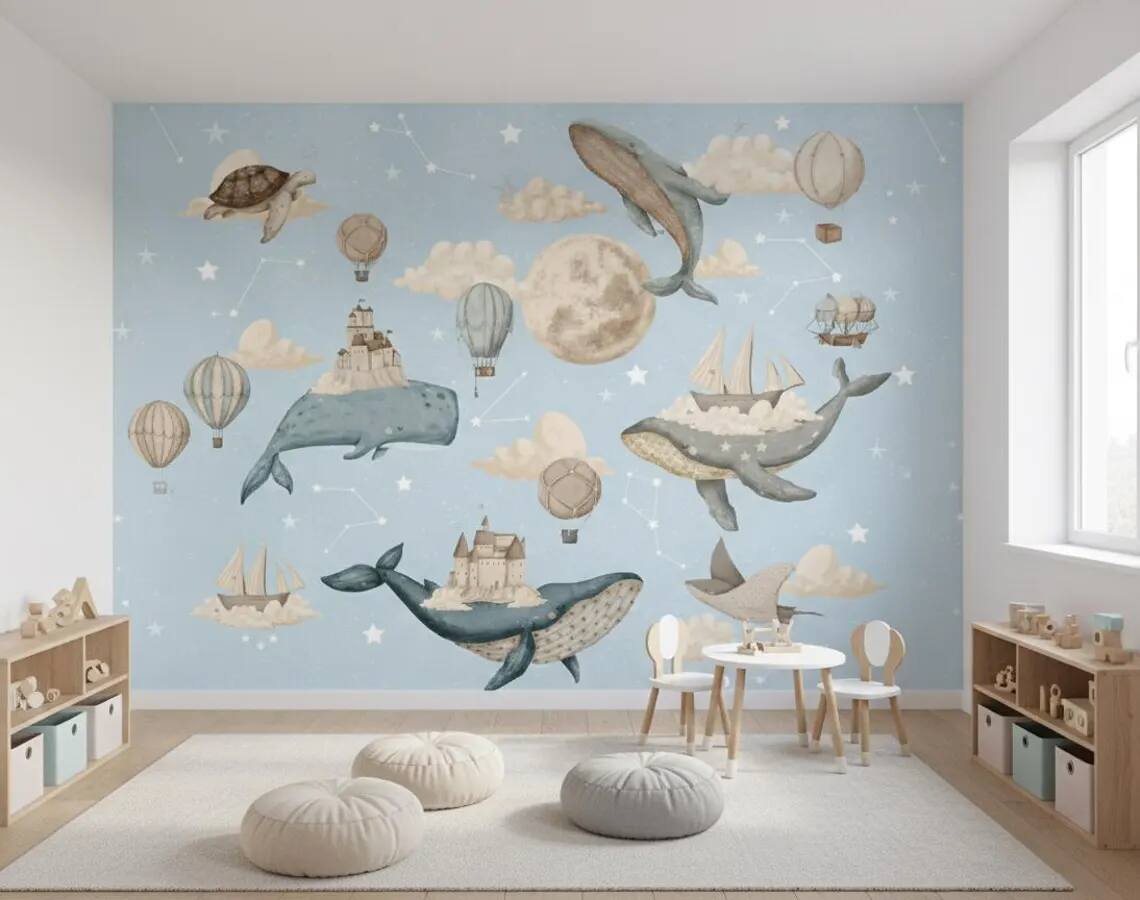 Whale Nursery Wallpaper Hot Air Balloon Moon Stars Peel And Stick Wall Mural