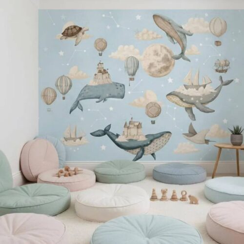 Whale Nursery Wallpaper Hot Air Balloon Moon Stars Peel And Stick Wall Mural