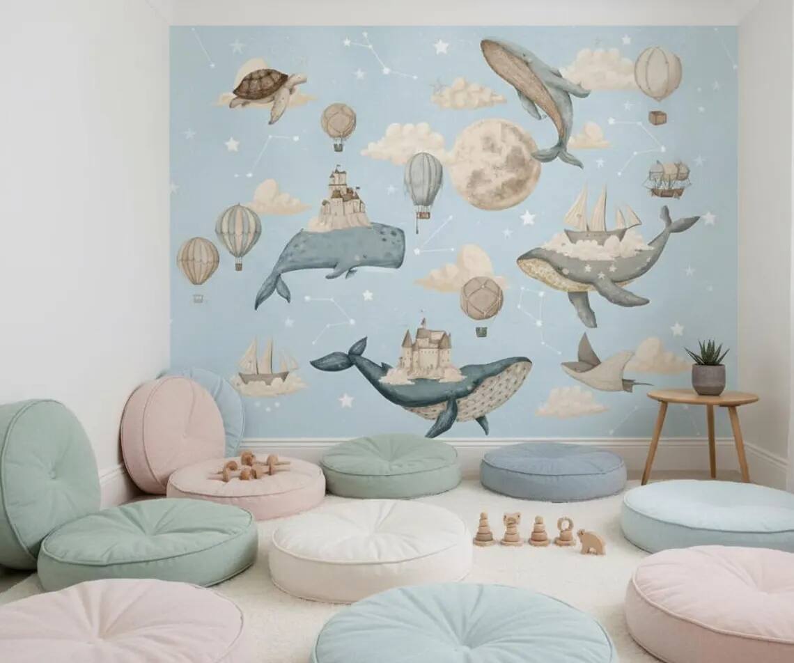 Whale Nursery Wallpaper Hot Air Balloon Moon Stars Peel And Stick Wall Mural