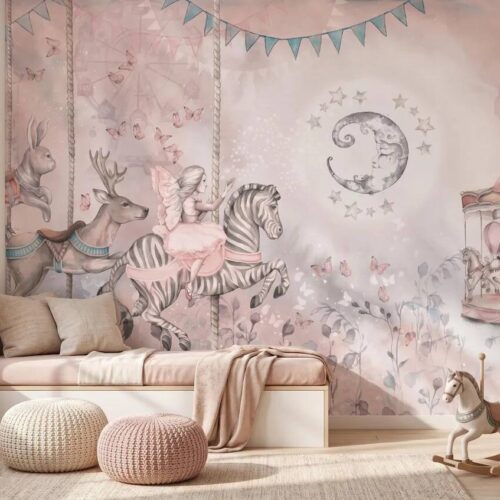 Whimsical Carousel Animals Nursery Wallpaper Pastel Fairy Zebra Bunny Mural Peel And Stick