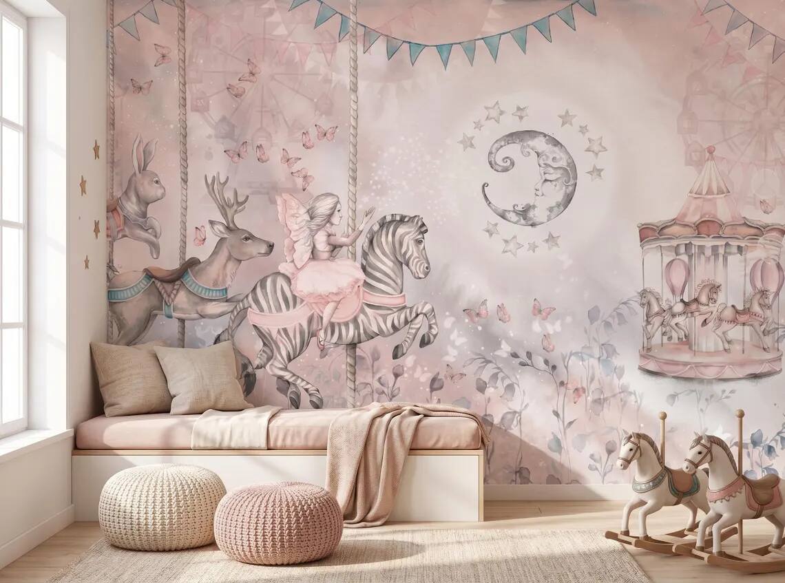 Whimsical Carousel Animals Nursery Wallpaper Pastel Fairy Zebra Bunny Mural Peel And Stick