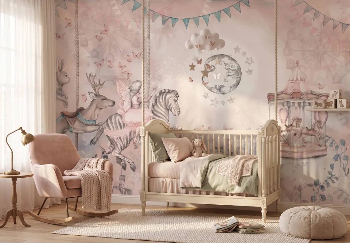 Whimsical Carousel Animals Nursery Wallpaper Pastel Fairy Zebra Bunny Mural Peel And Stick