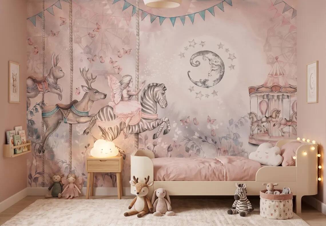 Whimsical Carousel Animals Nursery Wallpaper Pastel Fairy Zebra Bunny Mural Peel And Stick