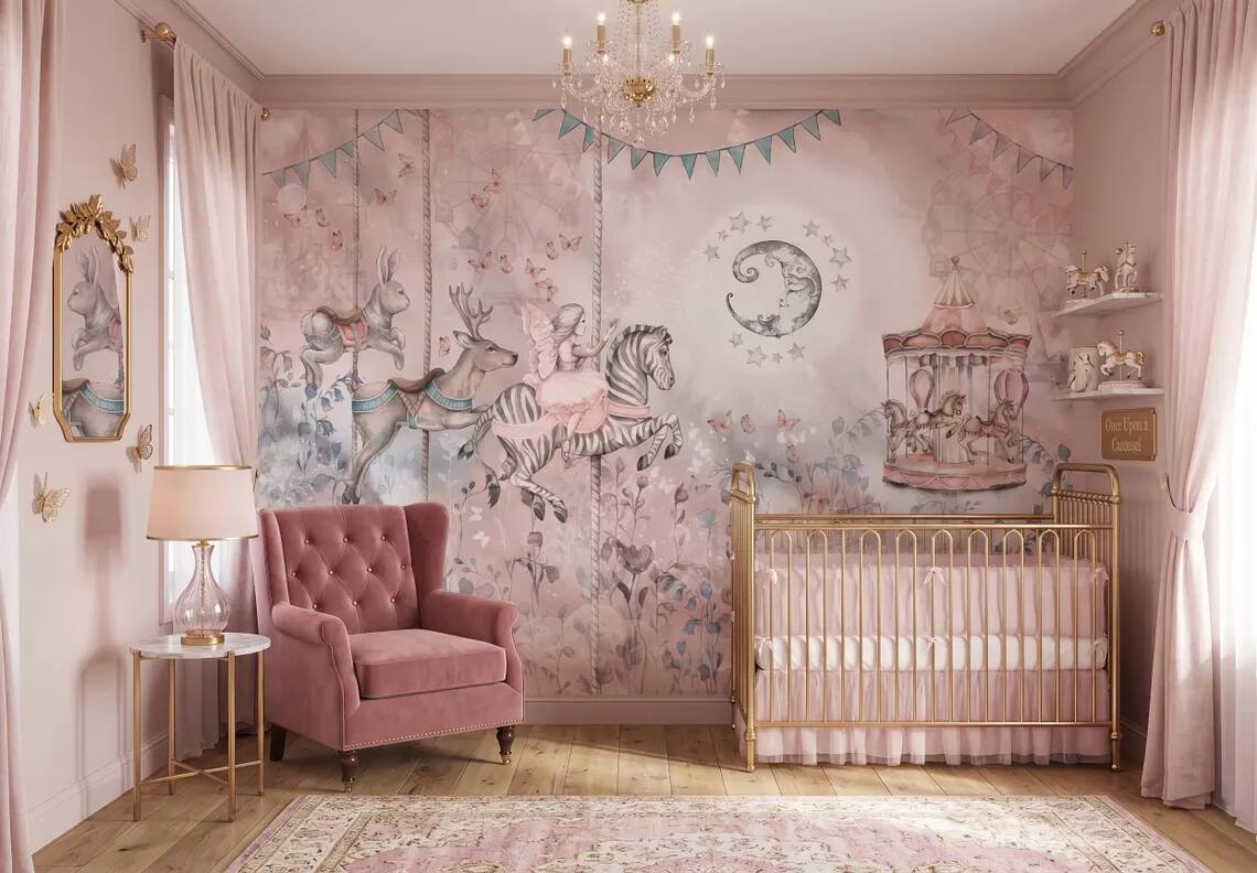 Whimsical Carousel Animals Nursery Wallpaper Pastel Fairy Zebra Bunny Mural Peel And Stick