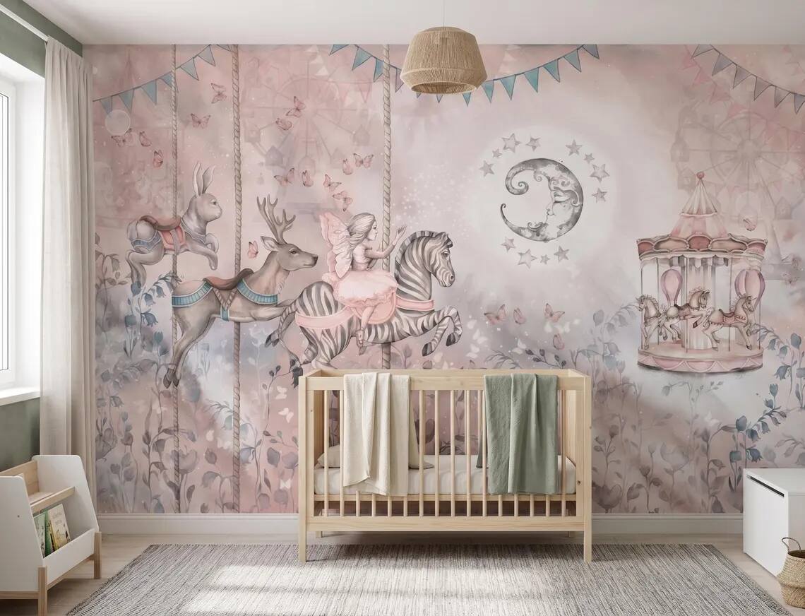 Whimsical Carousel Animals Nursery Wallpaper Pastel Fairy Zebra Bunny Mural Peel And Stick