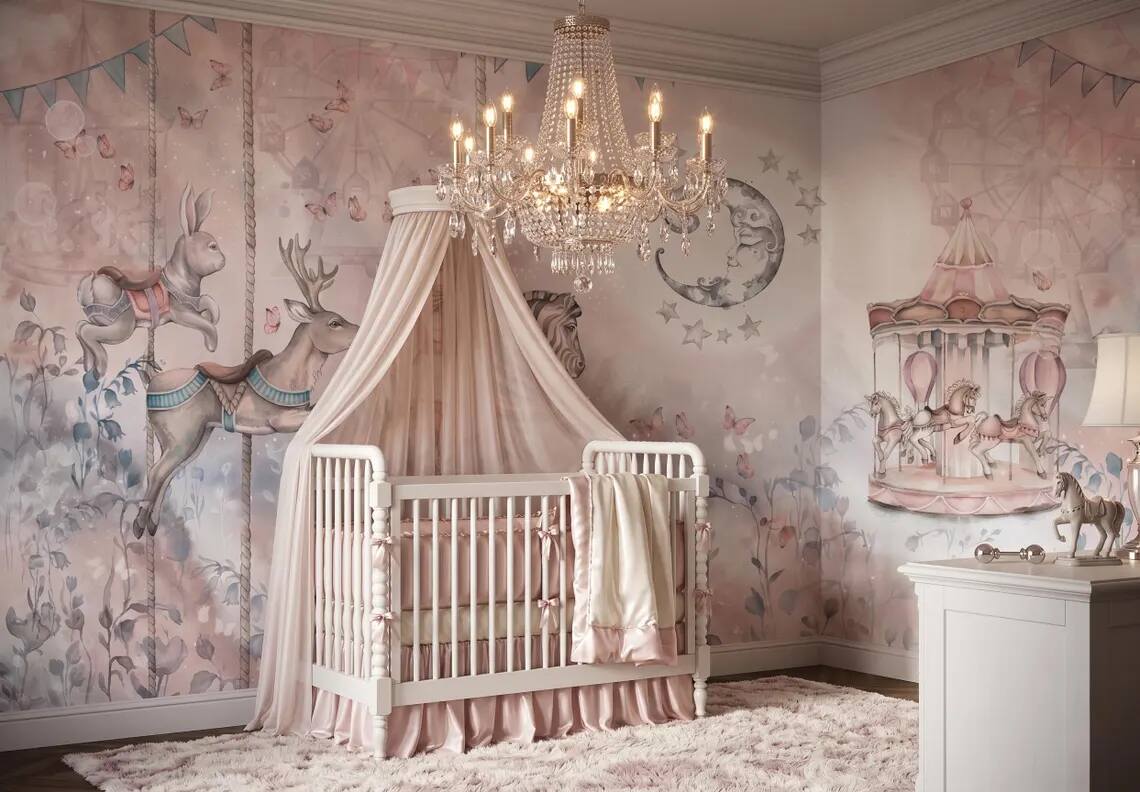 Whimsical Carousel Animals Nursery Wallpaper Pastel Fairy Zebra Bunny Mural Peel And Stick