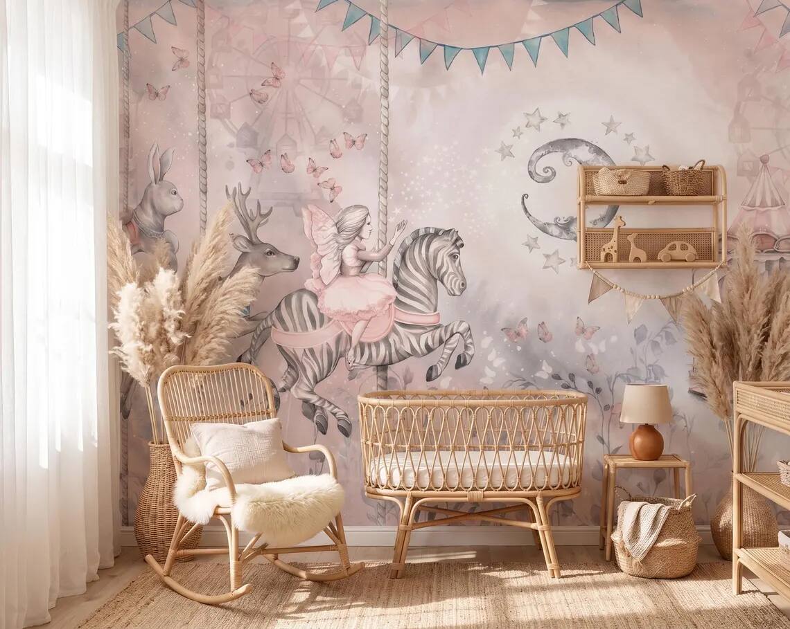 Whimsical Carousel Animals Nursery Wallpaper Pastel Fairy Zebra Bunny Mural Peel And Stick