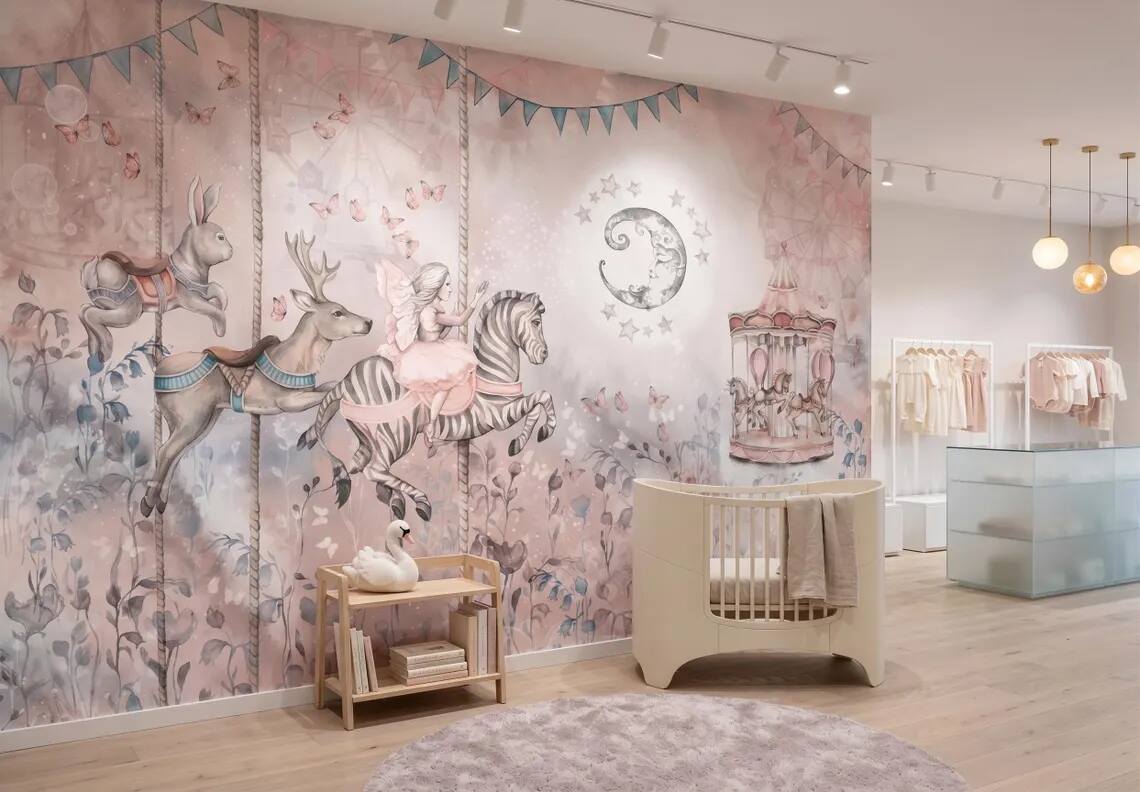 Whimsical Carousel Animals Nursery Wallpaper Pastel Fairy Zebra Bunny Mural Peel And Stick
