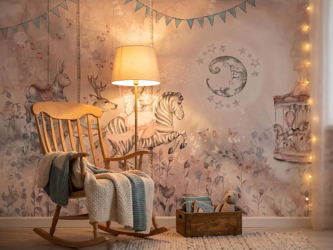 Whimsical Carousel Animals Nursery Wallpaper Pastel Fairy Zebra Bunny Mural Peel And Stick