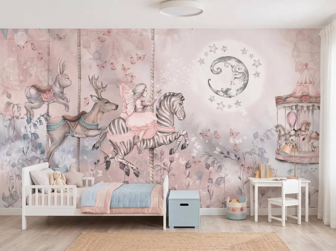 Whimsical Carousel Animals Nursery Wallpaper Pastel Fairy Zebra Bunny Mural Peel And Stick