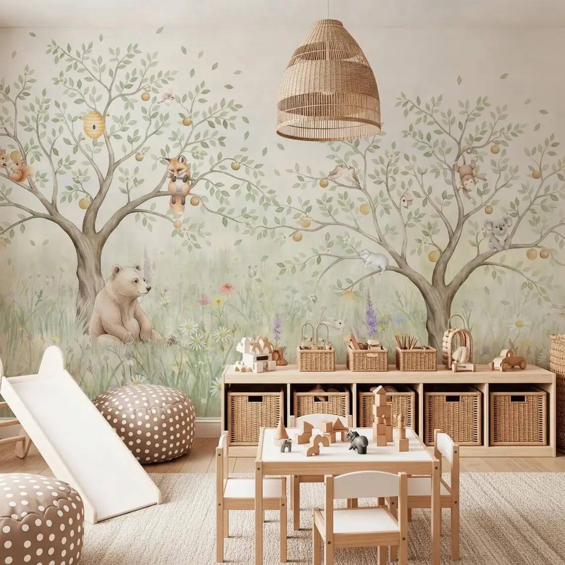 Woodland Animals Nursery Wallpaper Forest Bear Fox Bunny Wall Mural Peel And Stick