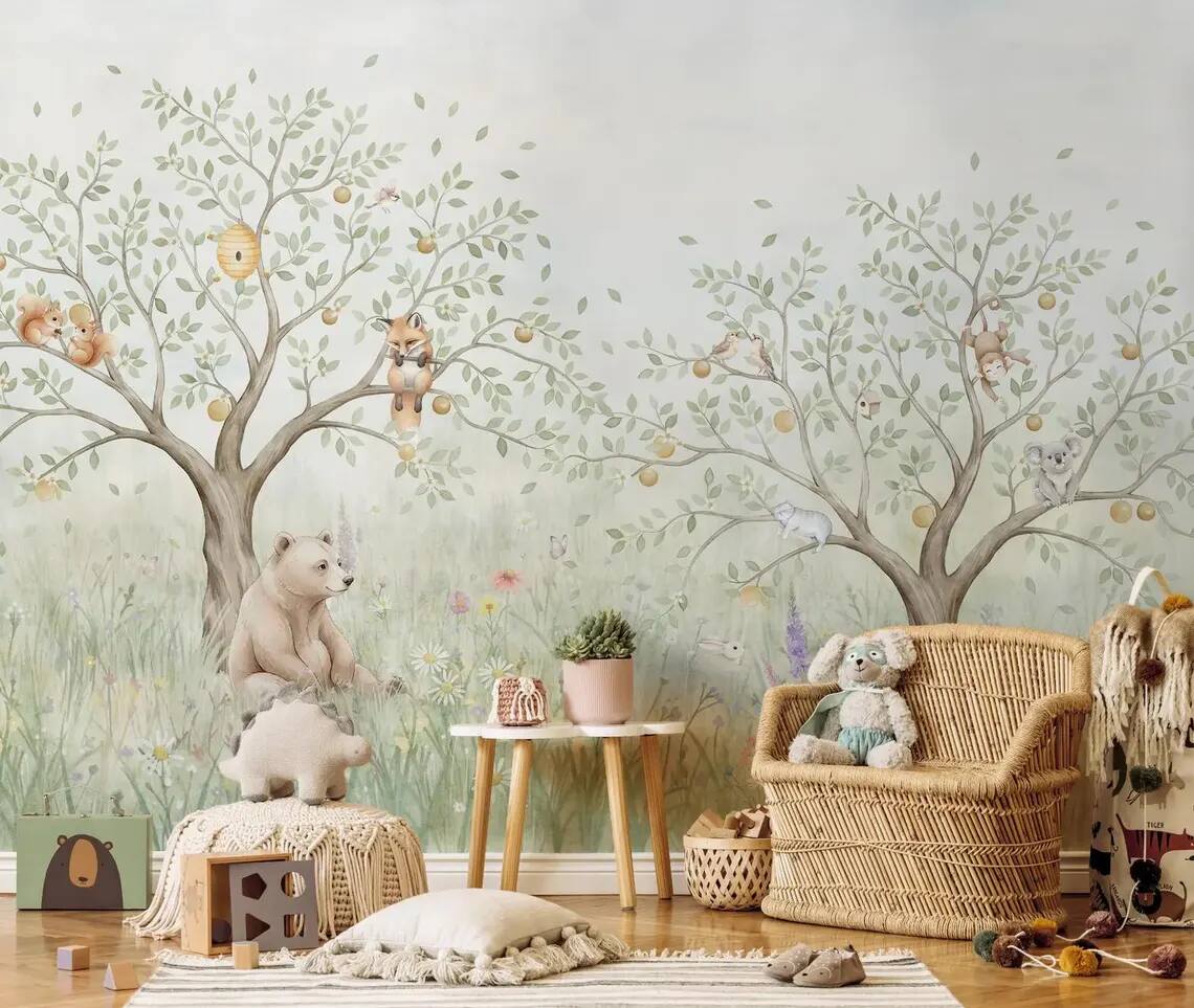 Woodland Animals Nursery Wallpaper Forest Bear Fox Bunny Wall Mural Peel And Stick