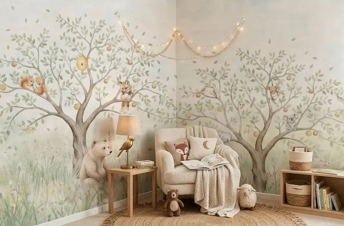 Woodland Animals Nursery Wallpaper Forest Bear Fox Bunny Wall Mural Peel And Stick