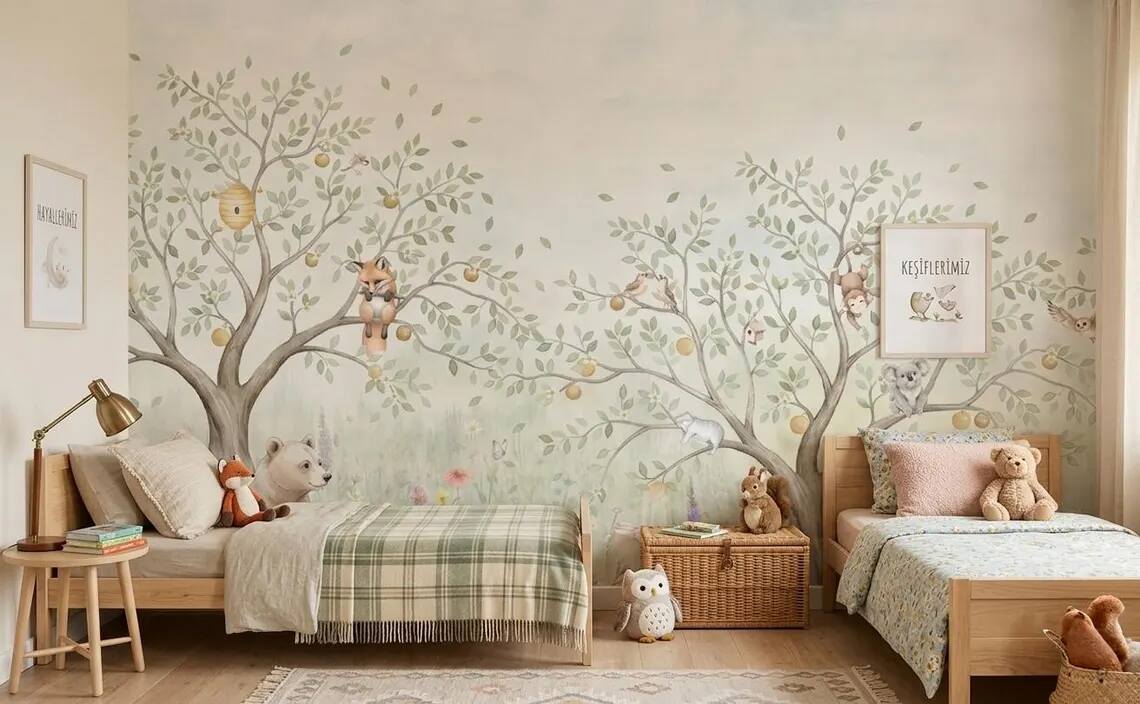 Woodland Animals Nursery Wallpaper Forest Bear Fox Bunny Wall Mural Peel And Stick