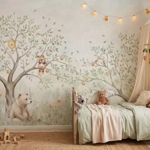 Woodland Animals Nursery Wallpaper Forest Bear Fox Bunny Wall Mural Peel And Stick