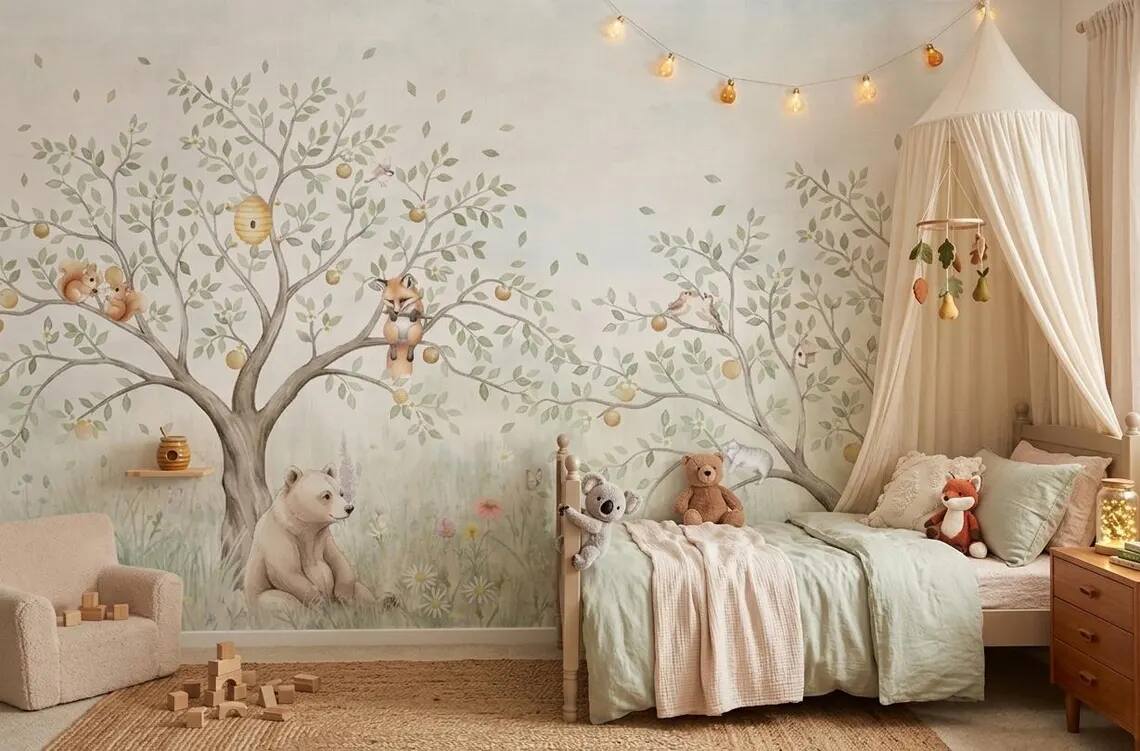 Woodland Animals Nursery Wallpaper Forest Bear Fox Bunny Wall Mural Peel And Stick