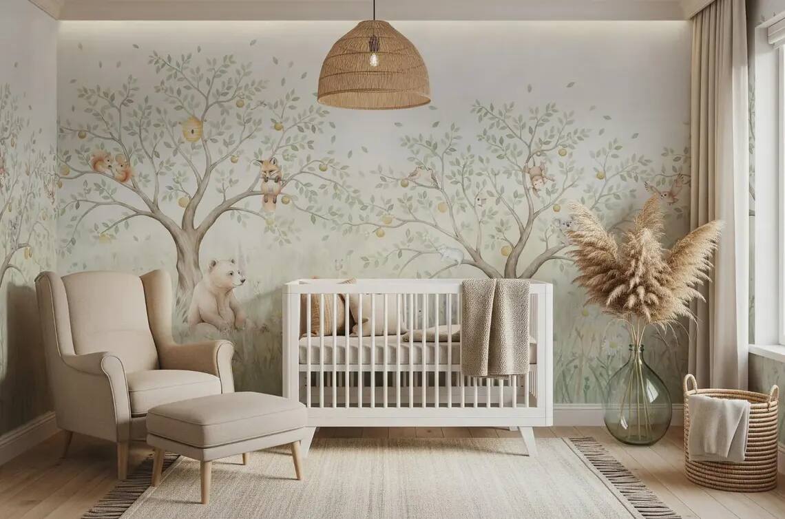 Woodland Animals Nursery Wallpaper Forest Bear Fox Bunny Wall Mural Peel And Stick