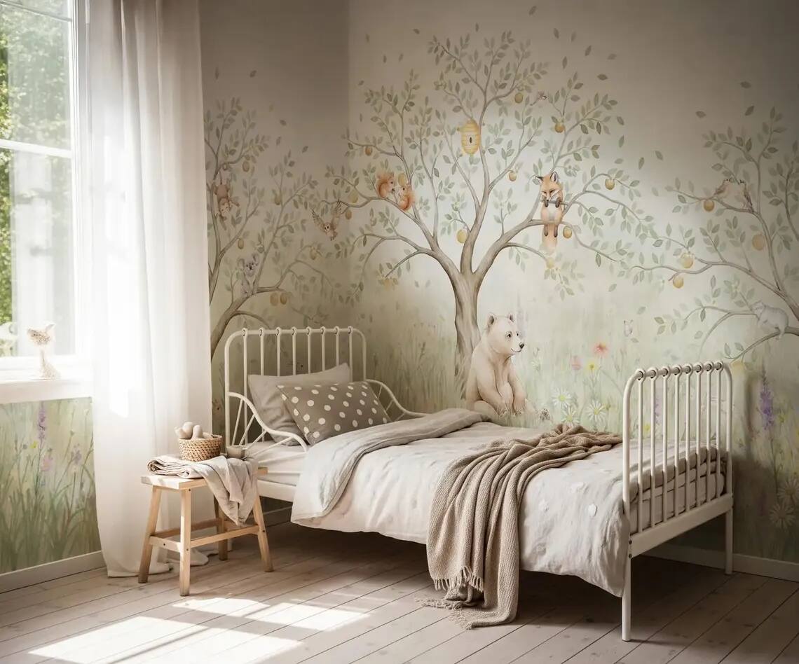 Woodland Animals Nursery Wallpaper Forest Bear Fox Bunny Wall Mural Peel And Stick