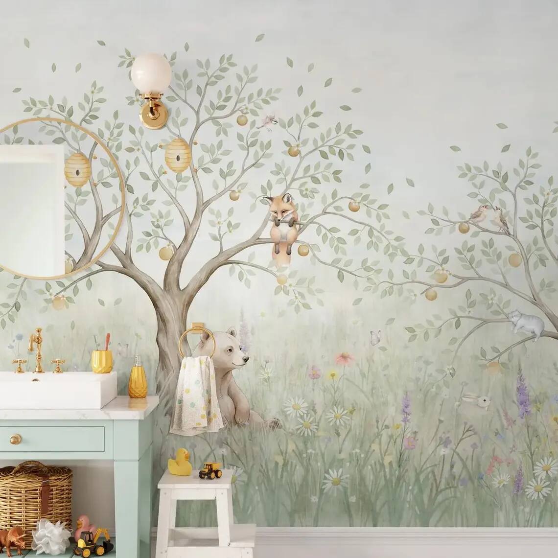 Woodland Animals Nursery Wallpaper Forest Bear Fox Bunny Wall Mural Peel And Stick