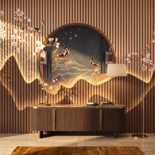 3D Wood Slat Deer Mural For Living Room Kitchen Bedroom Kids Room Bathroom Asian Mountain Wallpaper Cherry Blossom Peel Stick Canvas