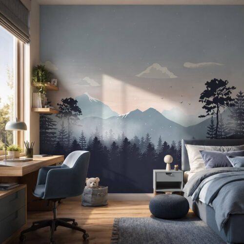 Blue Mountain Kids Room Wallpaper Peel And Stick Winter Snowy Forest Wall Mural For Child And Baby Scandinavian Nursery Decor
