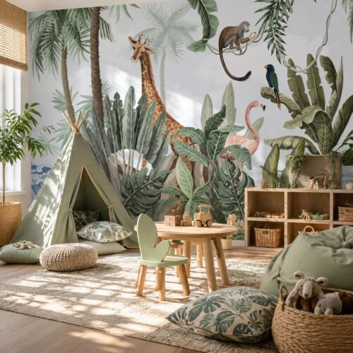 Blue Ocean Kids Room Wallpaper Peel And Stick Green Safari Animals Mural With Flamingo And Giraffe For Child Baby Jungle Removable Paper