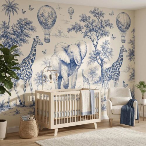 Blue Safari Toile Wallpaper Kids Animal Wall Mural Elephant Giraffe Hot Air Balloon Nursery Wallpaper Peel And Stick