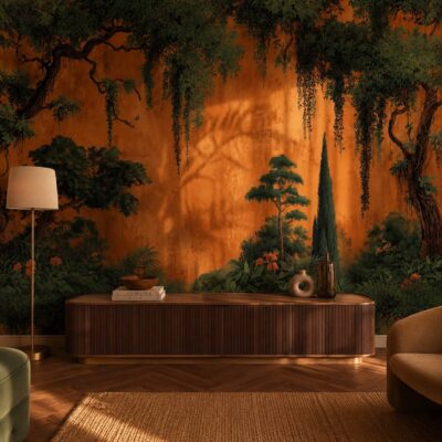 Burnt Orange Textured Forest Mural Ancient Green Grove Wallpaper Pe