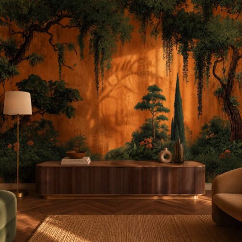 Burnt Orange Textured Forest Mural Ancient Green Grove Wallpaper Pe