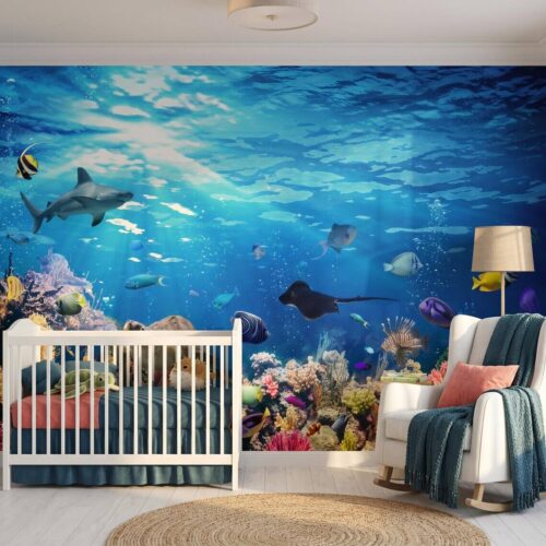 Coral Reef Kids Wallpaper Underwater Fish Scene Wall Mural Ocean Sea Life Peel And Stick Sea Turtle Shark Removable Playroom Wall Paper