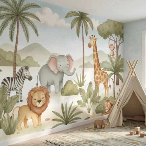 Cute Safari Nursery Wallpaper Jungle Animals Kids Room Wall Mural Watercolor Lion Elephant Giraffe Peel Stick Playroom Removable Paper