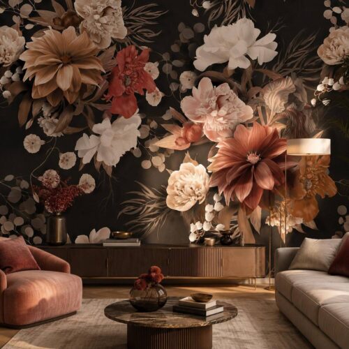 Dark Floral Wallpaper Mural For Living Room Kitchen Bedroom Kids Room Bathroom Moody Botanical Peel And Stick Realistic Peony Wall Decor