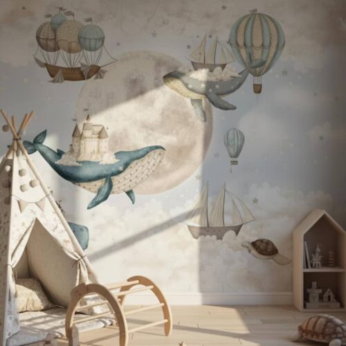 Dreamy Ocean Whales Castles Hot Air Balloons Sailboats Custom Kids Room Nursery Peel And Stick Wallpaper One Piece Canvas