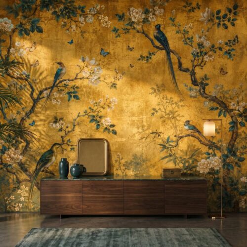 Gold Botanical Bird Wallpaper For Living Room Kitchen Bedroom Kids Room Bathroom Chinoiserie Floral Wall Mural Luxury Peel Stick Paper