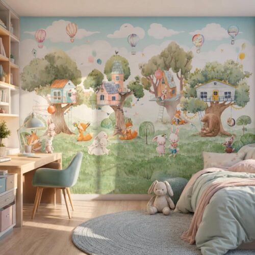 Green Blue Kids Room Wallpaper Peel And Stick Watercolor Treehouse Nursery Mural For Child And Baby Woodland Animals Decor