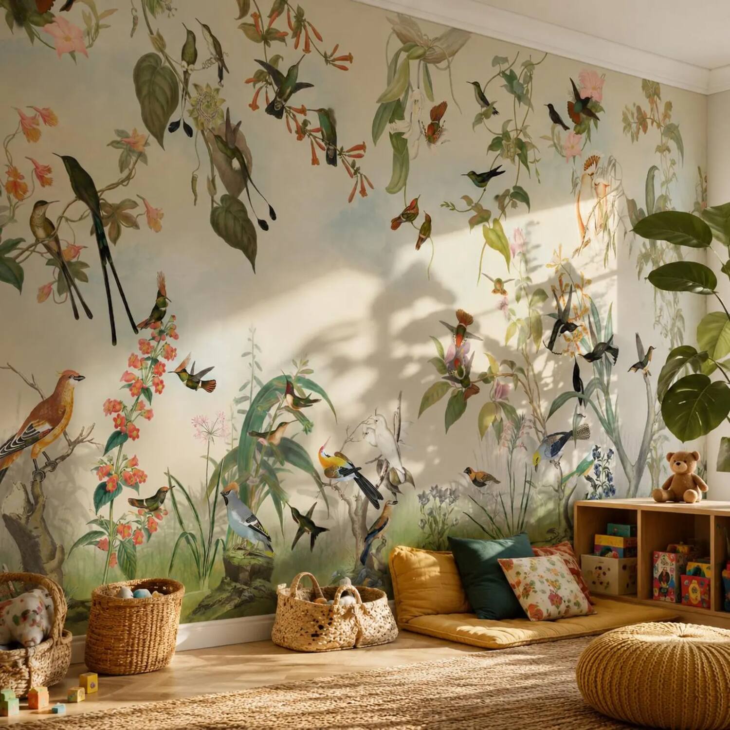 Green Cream Kids Room Wallpaper Peel And Stick Colorful Bird Wall Mural For Child And Baby Vintage Botanical Floral Removable Paper