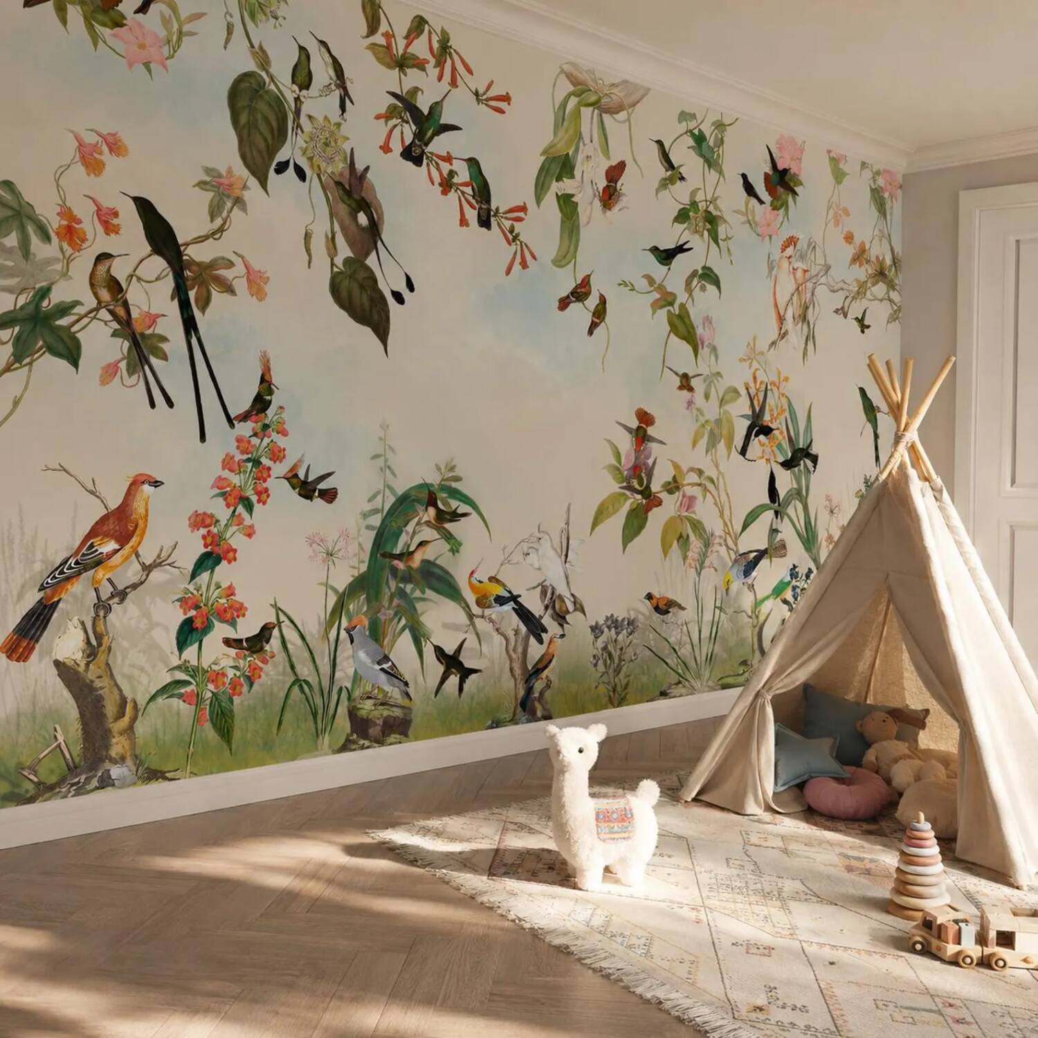 Green Cream Kids Room Wallpaper Peel And Stick Colorful Bird Wall Mural For Child And Baby Vintage Botanical Floral Removable Paper