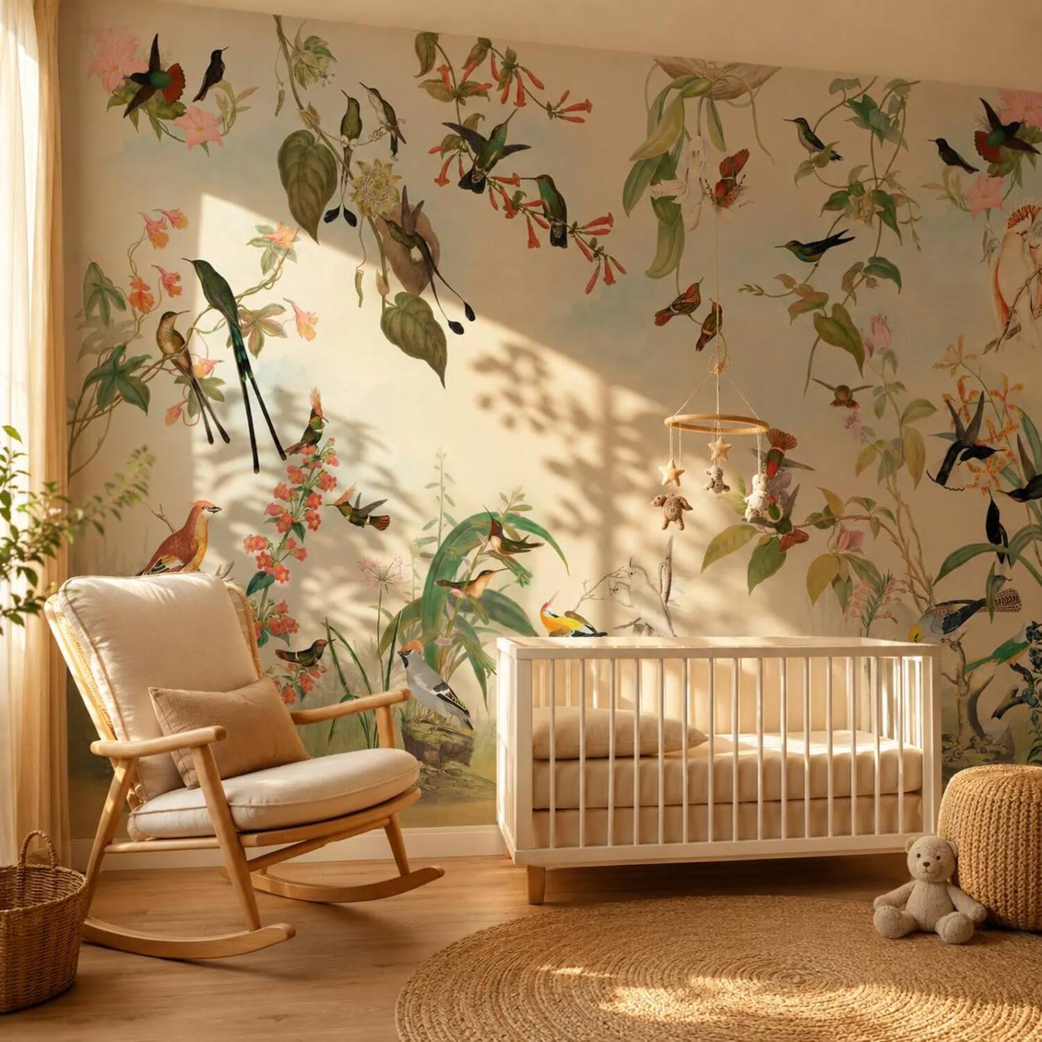 Green Cream Kids Room Wallpaper Peel And Stick Colorful Bird Wall Mural For Child And Baby Vintage Botanical Floral Removable Paper