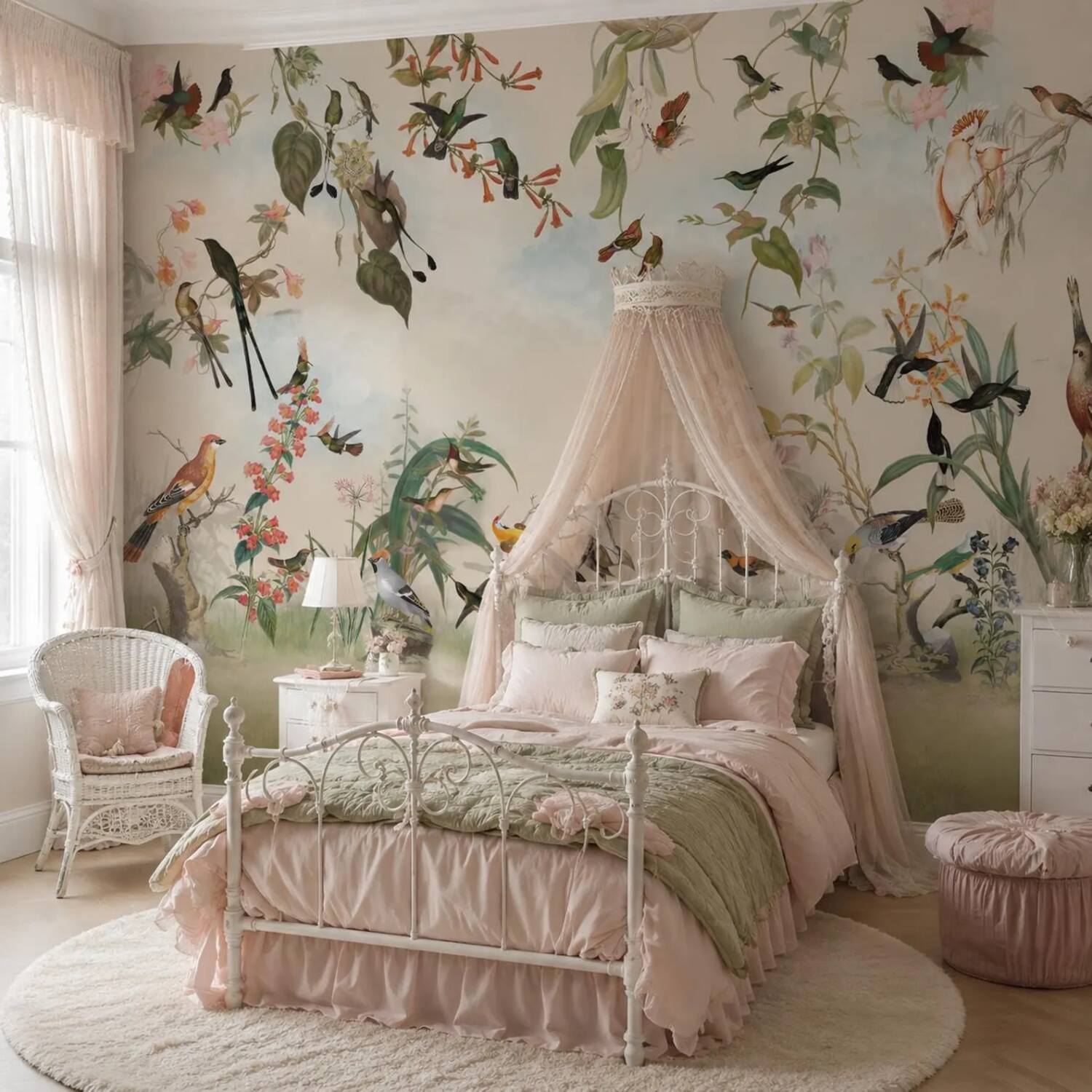 Green Cream Kids Room Wallpaper Peel And Stick Colorful Bird Wall Mural For Child And Baby Vintage Botanical Floral Removable Paper