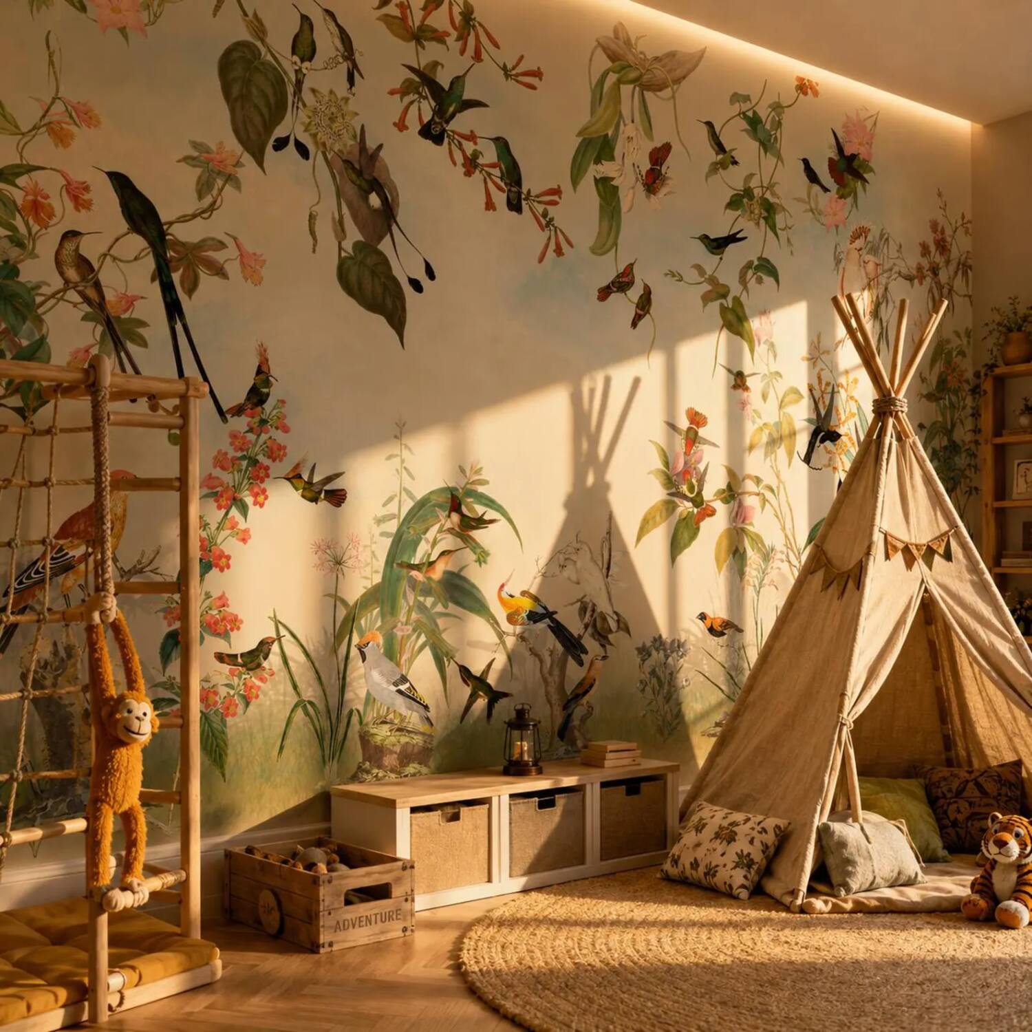 Green Cream Kids Room Wallpaper Peel And Stick Colorful Bird Wall Mural For Child And Baby Vintage Botanical Floral Removable Paper