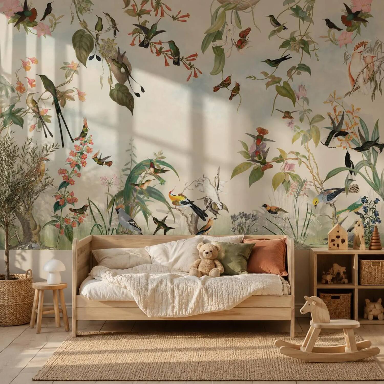 Green Cream Kids Room Wallpaper Peel And Stick Colorful Bird Wall Mural For Child And Baby Vintage Botanical Floral Removable Paper