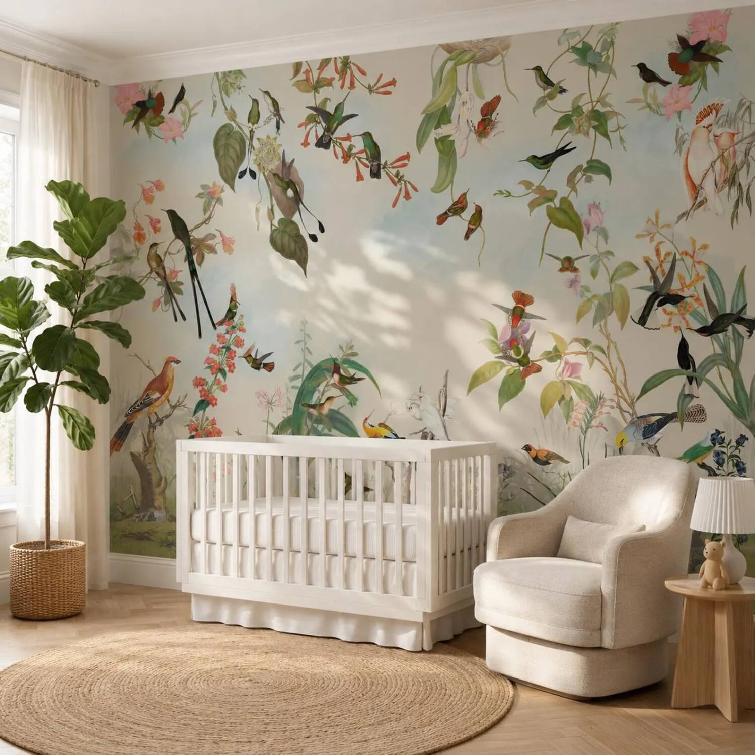 Green Cream Kids Room Wallpaper Peel And Stick Colorful Bird Wall Mural For Child And Baby Vintage Botanical Floral Removable Paper
