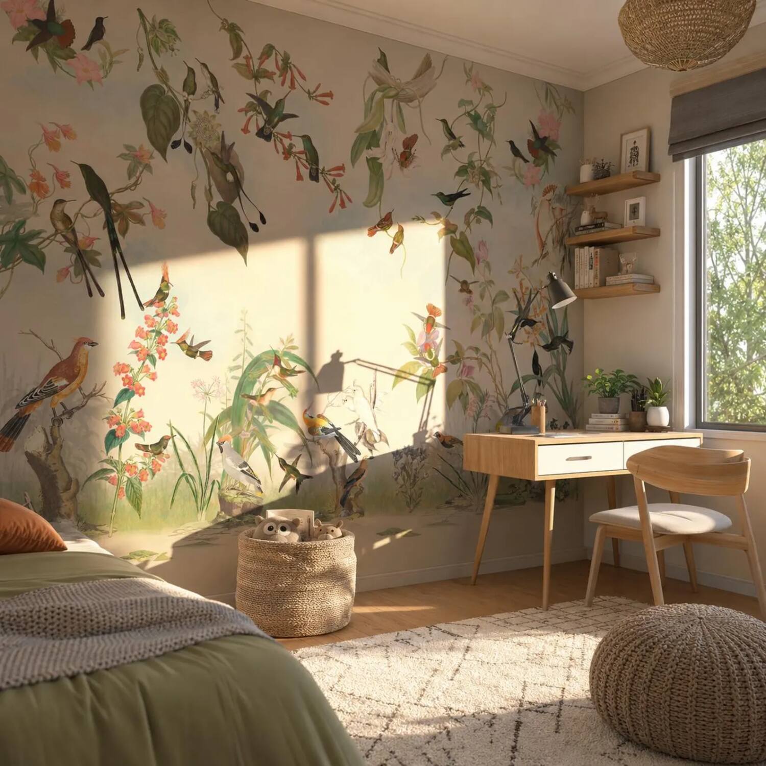 Green Cream Kids Room Wallpaper Peel And Stick Colorful Bird Wall Mural For Child And Baby Vintage Botanical Floral Removable Paper