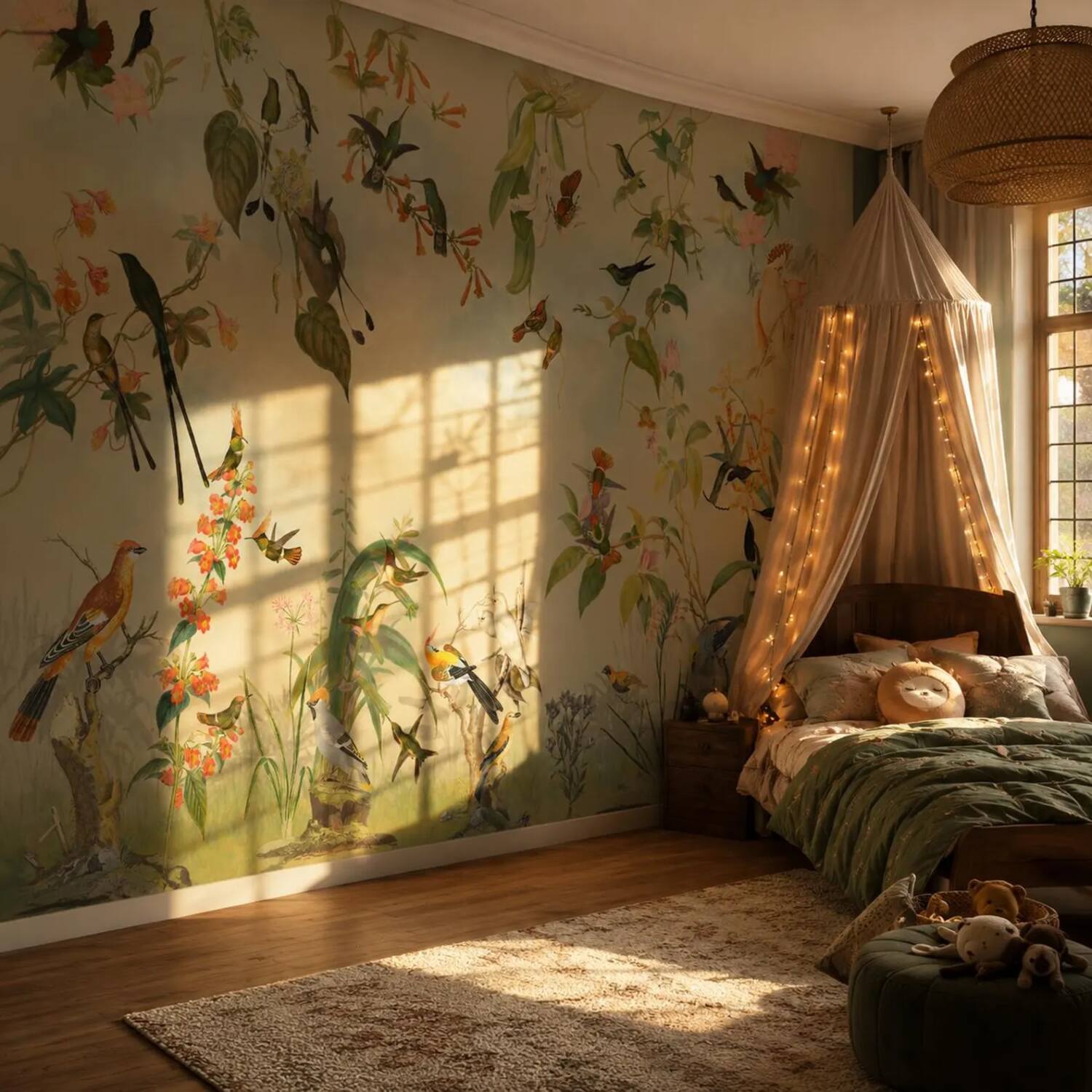 Green Cream Kids Room Wallpaper Peel And Stick Colorful Bird Wall Mural For Child And Baby Vintage Botanical Floral Removable Paper