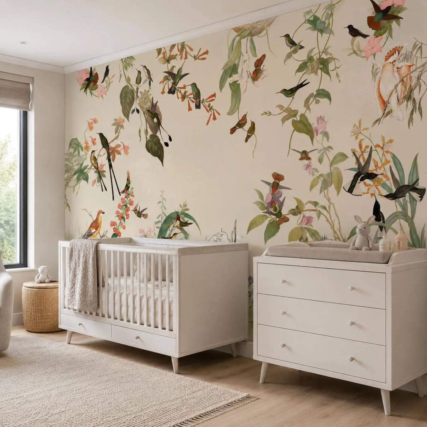 Green Cream Kids Room Wallpaper Peel And Stick Colorful Bird Wall Mural For Child And Baby Vintage Botanical Floral Removable Paper