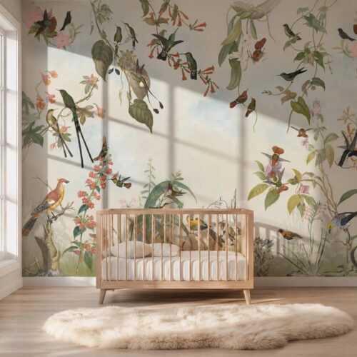 Green Cream Kids Room Wallpaper Peel And Stick Colorful Bird Wall Mural For Child And Baby Vintage Botanical Floral Removable Paper