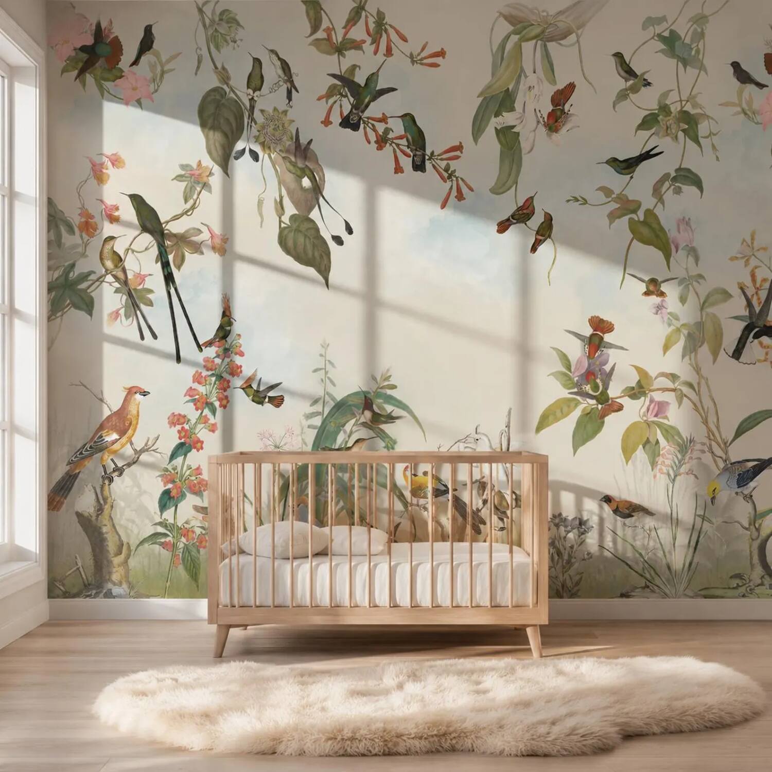 Green Cream Kids Room Wallpaper Peel And Stick Colorful Bird Wall Mural For Child And Baby Vintage Botanical Floral Removable Paper
