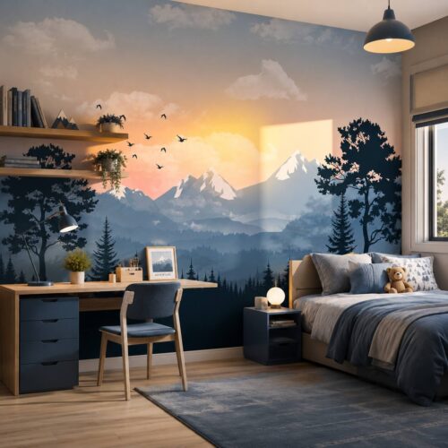 Kids Sunrise Scenery Wallpaper Mountain Forest Nursery Wall Mural Peel