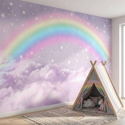 Magic Rainbow Clouds Kids Wallpaper Colorful Nursery Wall Decor Pastel Sky Playroom Mural Peel And Stick Wallpaper Mural Pink