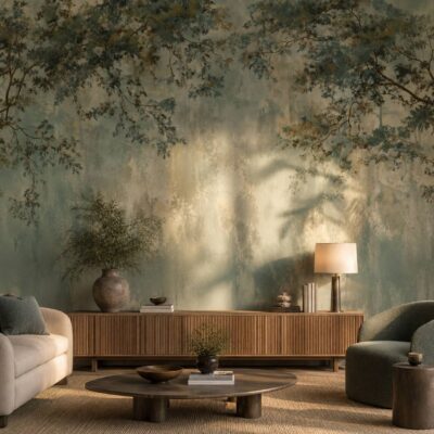 Misty Sage Canopy Full Wall Mural Watercolor Hanging Leaves Peel And Stick Wallpa